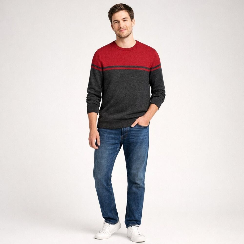 Banana Republic Striped Merino Wool Pullover Sweater Red Gray Crew Neck M